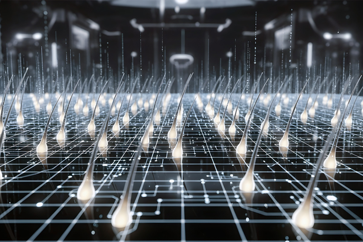 Futuristic grid with digital hair follicles symbolize advanced hair transplant solutions
